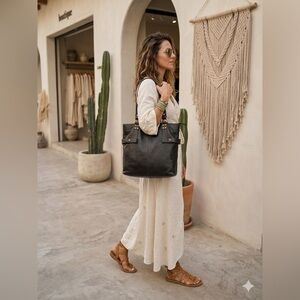 LODIS Black Pebbled Leather Large Tote Bag Gold Studded Bohemian Shoulder Bag